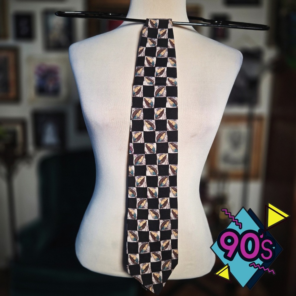 Structure Silk Tie Vintage 90s Mens Checkered Geometric Abstract Black Tan USA
